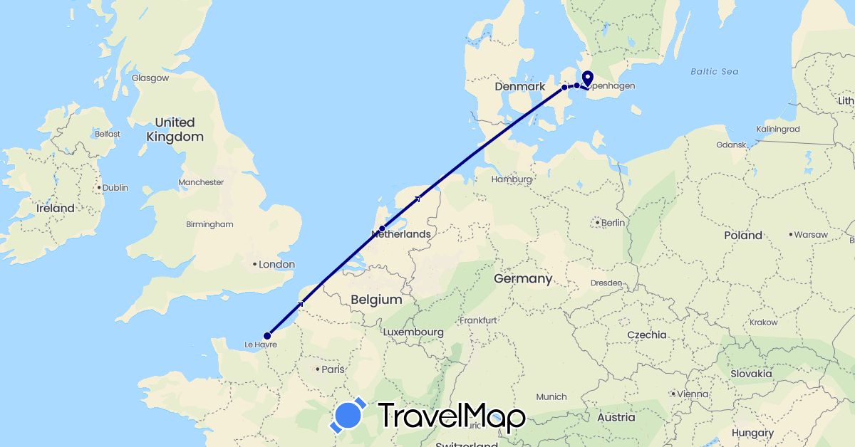 TravelMap itinerary: driving in Denmark, France, Netherlands, Sweden (Europe)